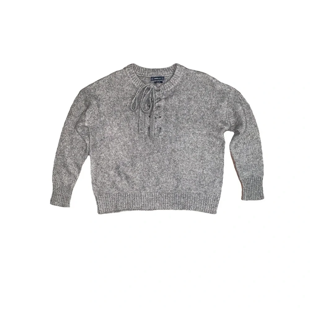 Zara Sweater Womens M Knit Wool Blend Boxy Tie Front Pullover Gray Preppy Casual